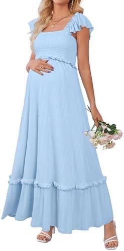 OUGES Womens 2026 Summer Maternity Photoshoot Dress Boho Maxi Smocked Baby Shower Dress Ruffle Sleeve Maternity Clothes Size XL