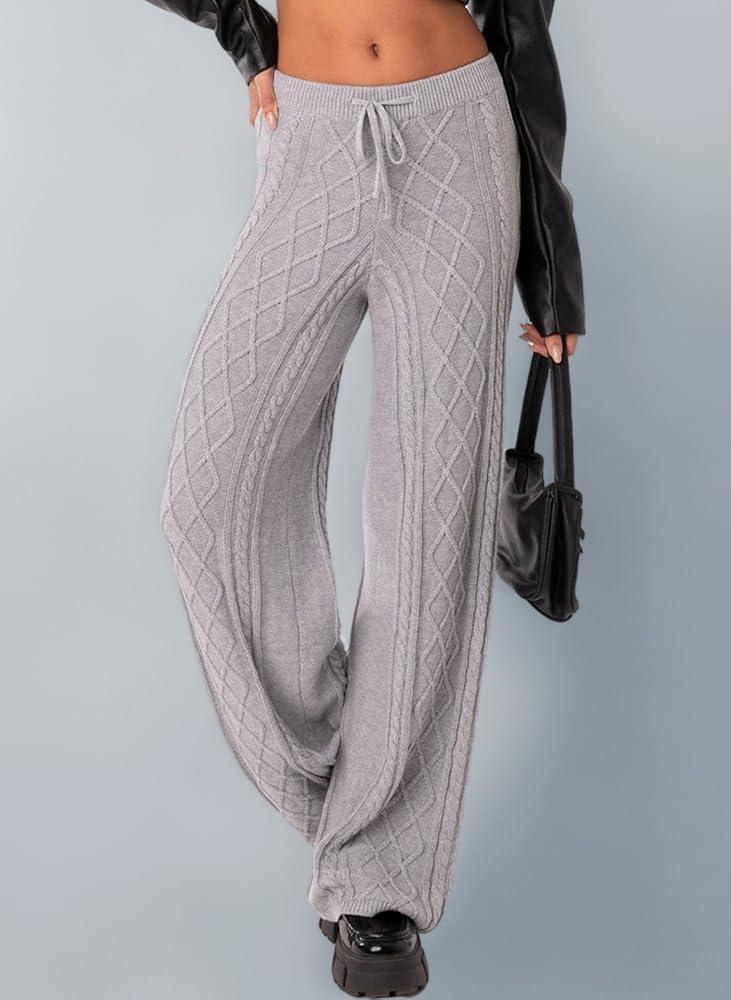Women's Knit Wide Leg Pants, Cable Pattern, Elastic Waist, Avalible in 4 Colors. Grey Free Size. One Size