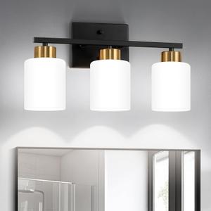 Black and Gold Bathroom Light Fixtures, 3-Light Modern Vanity Light Over Mirror, Wall Sconces with Milky White Frosted Glass Shades, E26 Socket (Bulbs Not Included)