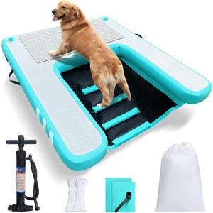 Inflatable Large Dog Water Ramp Float Floating Ramp-Swimming Pets Up to 200 Pounds Large Dogs-Inflatable Stairs for Boats, Docks, with Pump/Rope/Repair Kit - PVC Anti-Slip Fabric