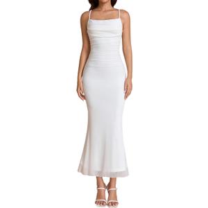 Women's Summer Floral Spaghetti Strap Maxi Dress Sleeveless Ruched Mesh Bodycon Long Wedding Guest Dresses (Medium)