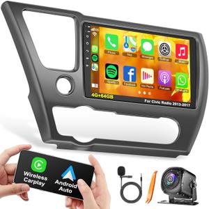 [4G+64G] Android 13 Car Radio for Honda Civic 2013-2017(Only US Version), 9 IPS Touchscreen Supports Wireless Carplay&Android Auto, Bluetooth &GPS,FM Radio& Back-up Camera, Civic Stereo
