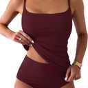 Eomenie Women's Swimsuit Tankini Tummy Control Bathing Suits Two Piece Full Coverage Slim Swim Suits with High Waisted Bottom (Large, Wine Red-ribbed)