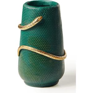 Flower Vase 8 Inch Green and Gold Snake vases for Decor, Unique Flower Vase for Bookshelf, Dinner Table, Living Room, Mantel, Halloween Decor (Upgraded)