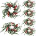 Serlvan 6 Pcs Christmas Candle Rings Wreath Artificial Candle Rings with Red Berry, Snowy Pine Garland Candle Ring Holder for Christmas Decorations Table Centerpiece