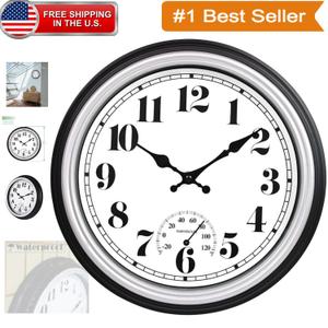 Elegant 12-Inch Indoor/Outdoor Analog Clock with Thermometer - Silent & Stylish