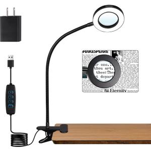 Woputne 5X Magnifying Glass Desk Clip Lamp, 10 Brightness, 3 Color Modes, 5V/2A Adapter Included – Clamp Light for Reading, Crafting, Close Work (Black)