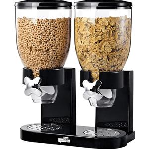 Honey-Can-Do Zevro Dual Dry Food Dispenser  Countertop Cereal Dispenser with Portion Control, 17.5 oz Per Canister, Airtight BPA-Free Snack Dispenser for Kitchen Organization, Black/Chrome