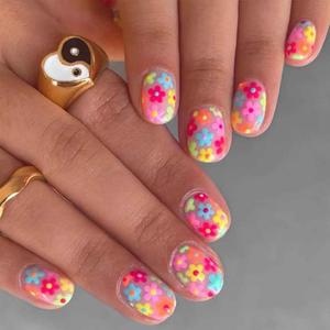2 x Square Press on Nails Short Acrylic Nails with Flowers Design Colorful Nails for Women 24 PCS/Set