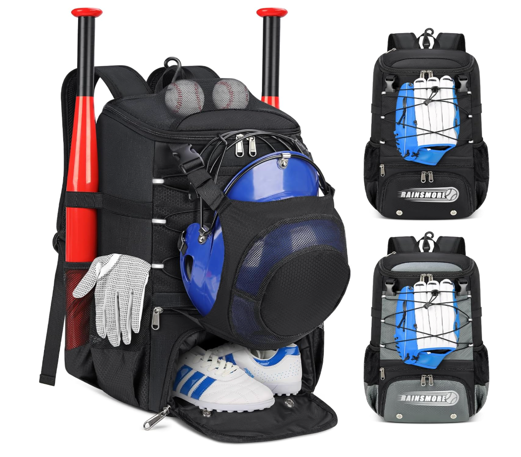 RAINSMORE Baseball Bag for Youth & Adult Lightweight Softball Bat Bag with Shoe Compartment, External Helmet Holder and Fence Hook Waterproof Baseball Backpack Hold T-Ball, Bat and Softball Equipment, Loose Threads By Zipper, Slightly Dirty