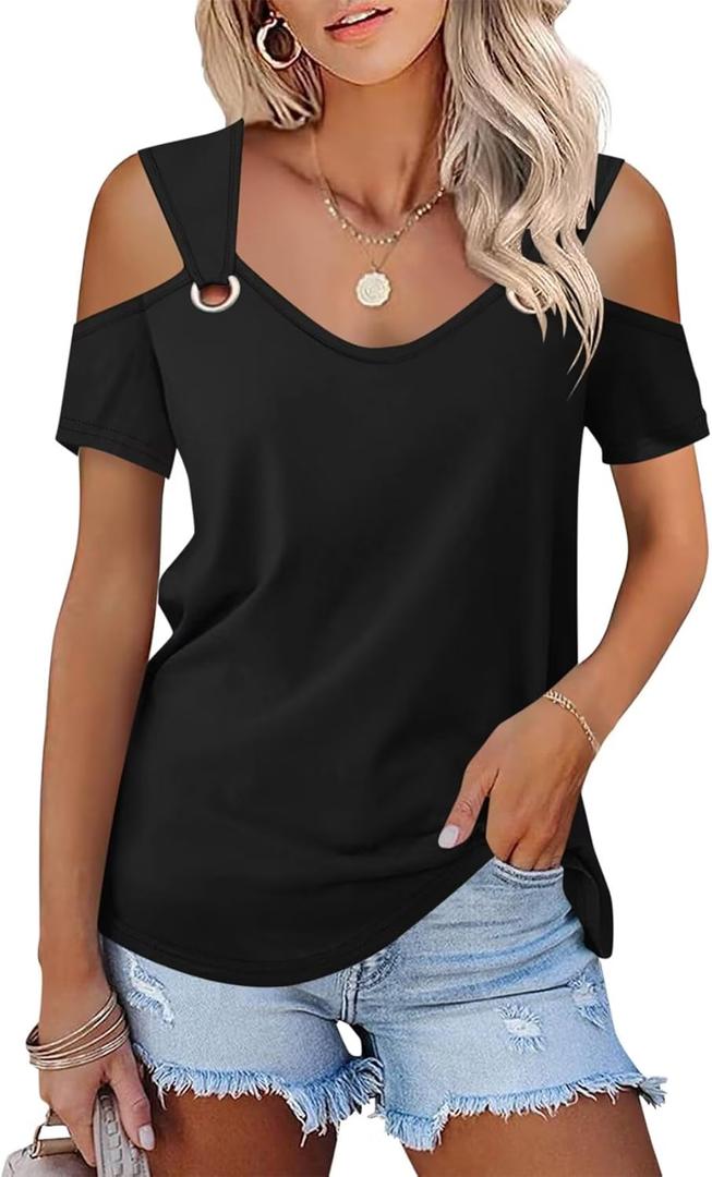 Minetom Women's Cold Shoulder Tops Short Sleeve V Neck T Shirts Basic Summer Tees (Medium)