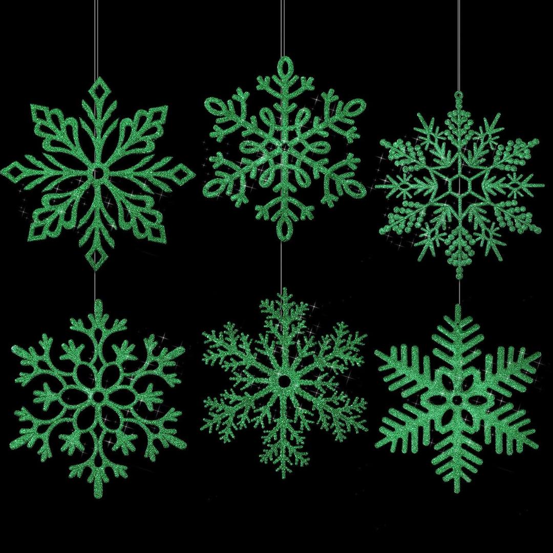 Sratte 24 Pcs 16 Inch Large Snowflake Ornaments,Giant Glitter Decorative Hanging Snowflakes,6 Designs Christmas Decorative Hanging Ornaments,Winter Window Decor with Nylon Thread (Green)