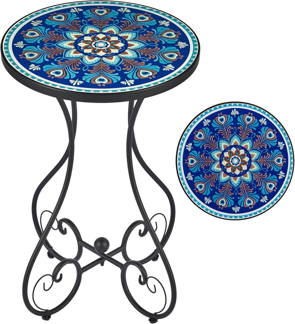 VONLUCE Outdoor Side Table and Mosaic Plant Stand, 21" Round End Table with 14" Ceramic Tile Top for Patio Porch Decor, Indoor & Outdoor Accent Table, Small Coffee Table for Home and Garden, Peacock