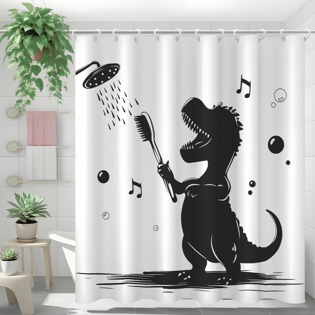 Dinosaur Shower Curtain Set for Kids, Funny Dino Shower Curtain for Boys, Black White Cartoon Animal Shadow Bathroom Accessories with 12 Hooks, 71"x71"