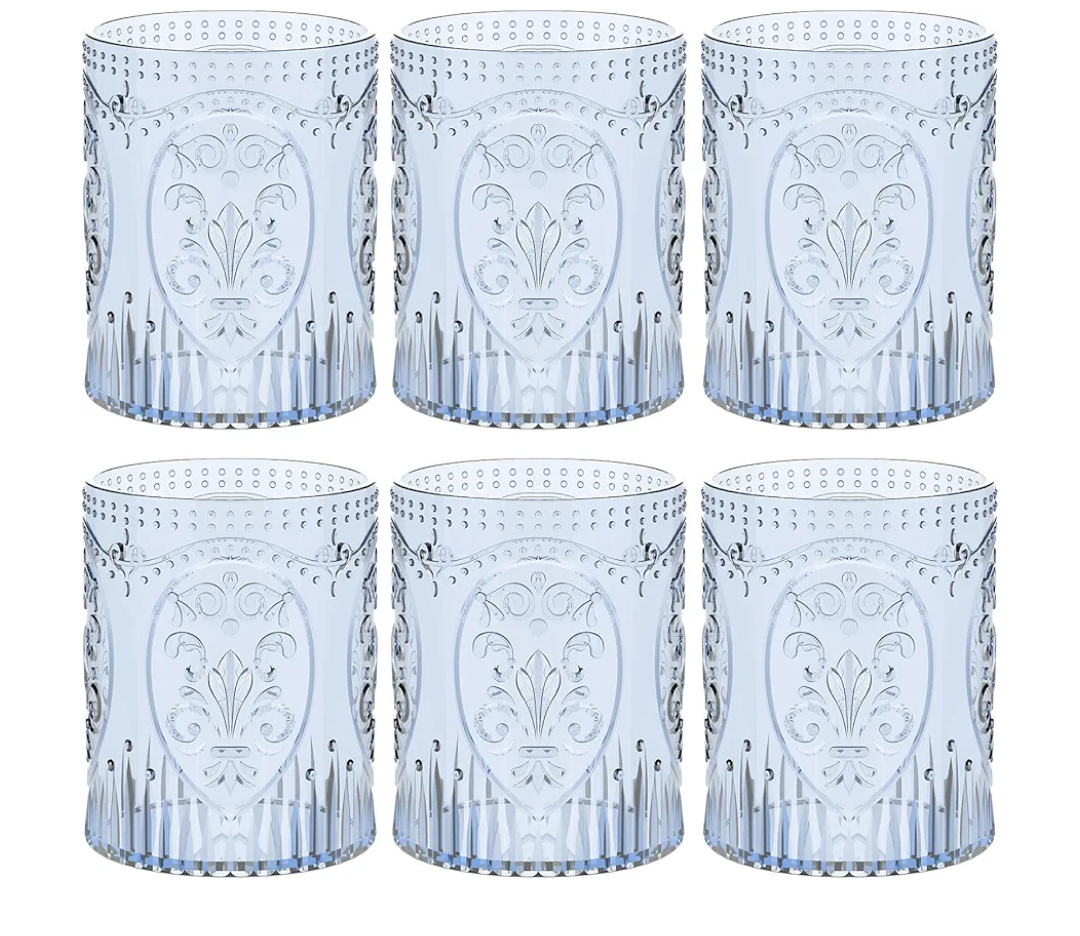 Plastic Vintage Drinking Glasses 8.5oz Stemless Retro Embossed Wine Glasses Shatterproof Reusable Cups for Baby Shower Wedding Reception Grand Event Party(Blue,18) 