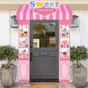Lofaris 3 Pieces Pink Cute Sweet Shop Banner, Donut Cake Candy Shop Party Decorations, Kids Party Welcome Door Banners Set, Candy Theme Party Supplies for Birthday and Events