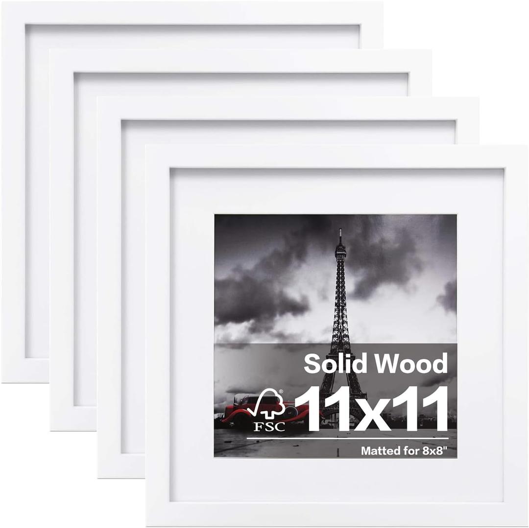 Egofine 11x11 Picture Frames 4 PCS, Made of Solid Wood Covered by Plexiglass for Pictures 4x4/8x8 with Mat for Table Top Display and Wall Mounting Square Photo Frame White