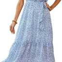 PRETTYGARDEN Women's Summer Floral Boho Dress Wrap V Neck Short Sleeve Ruffle A-Line Flowy Maxi Wedding Guest Dresses (Light Blue, Large)