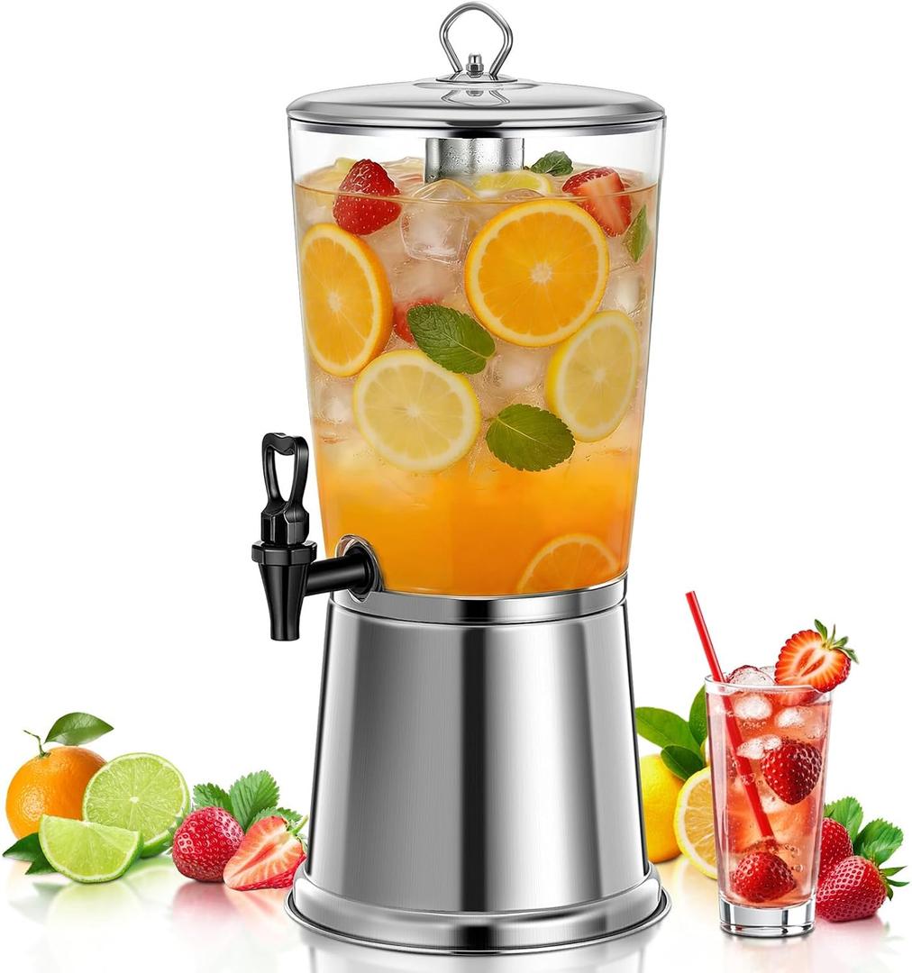 Beverage Dispenser With Stand, Stainless Steel Drink Dispenser for Parties, 2 Gallons drink dispenser with Ice Core & Spigot, Clear Acrylic Water Juice Jug for Home, Buffet, Weddings & Outdoor Events