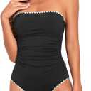 Holipick Women Tummy Control One Piece Swimsuits Strapless Bandeau Bathing Suits Slimming Halter Swimwear (Medium, New Black With White)