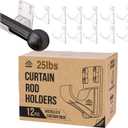 12pcs Heavy Duty Curtain Rod Holders with Wide Hook, 5X Stronger Than Adhesive Curtain Rod Hooks, 25 LBS Tension Curtain Rod Bracket for Wall with Level and Pin Guide, Minimal Damage Curtain