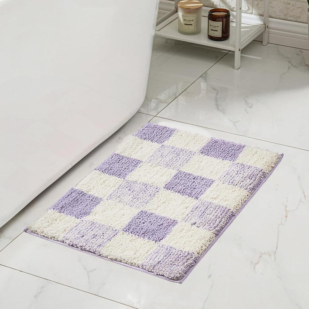 CozeCube Bath mats for Bathroom Non Slip, Fluffy Absorbent Microfiber Bath mat Washable, Aesthetic Bathroom Rugs, Small Purple Checkered Bath mat, Lavender, 24" x 16"