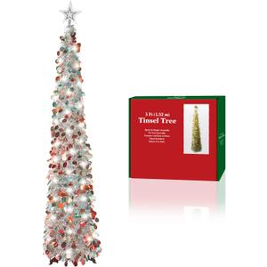 5FT Pop Up Christmas Tinsel Tree with 2 Modes 50 LED Lights and Colorful Sequins Ornaments, Easy-Assemble and Store for Xmas Home Holiday Fireplace Party Decorations (Sliver)
