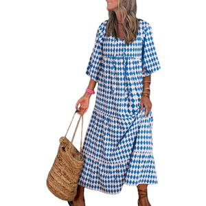 Dokotoo Women Boho Maxi Dresses 2026 V Neck Long Puff Sleeve Smocked Ruffle Flowy Casual Dress (Blue, S)