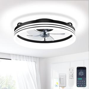 Low Profile Ceiling Fans with Lights and Remote, 21'' Modern Flush Mount Ceiling Fan, 2700K-7000K Dimmable Fandelier LED Fan Light, 6 Wind Speeds, Quiet Black Ceiling Fan with Light for Bedroom
