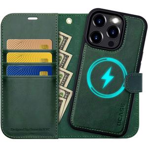 OCASE for iPhone 15 Pro Detachable Wallet Case with Card Holder, [2 in 1] PU Leather Flip Folio Case with RFID Blocking Magnetic Stand Removable Shockproof Phone Cover 6.1 Inch, Blackish Green