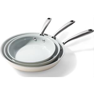 Cookware Ceramic Nonstick Frying Pans: 3Pieces Non Stick Skillet 8 9.5 11 Inches - Healthy Egg Fry Pans - Free of PTFE,PFOA,PFAS (Beige)