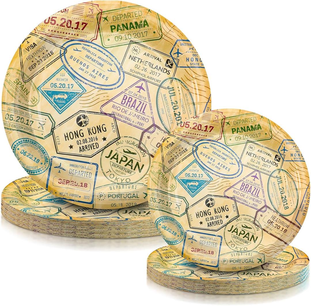 Yungyan 50 Pcs World Travel Plates Disposable Paper Tableware 9 Inch Dinner Plates 7 Inch Dessert Party Decoration Supplies