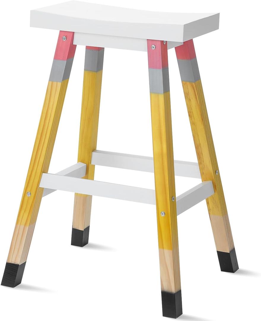 Yousoontic Pencil Teacher Stool 29 Inches Back to School Stool Solid Wood Colorful Stool Self Assembled Wooden Stool for Home Office Supplies