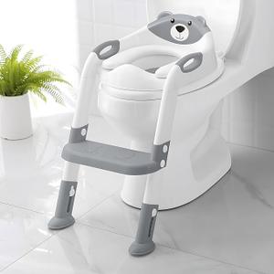 Potty Training Seat, SKYROKU Potty Training Toilet with Step Stool Ladder, for Kids Boys Girls Toddlers Comfortable Safe Potty Seat with Anti-Slip Pads Ladder (8838Grey）