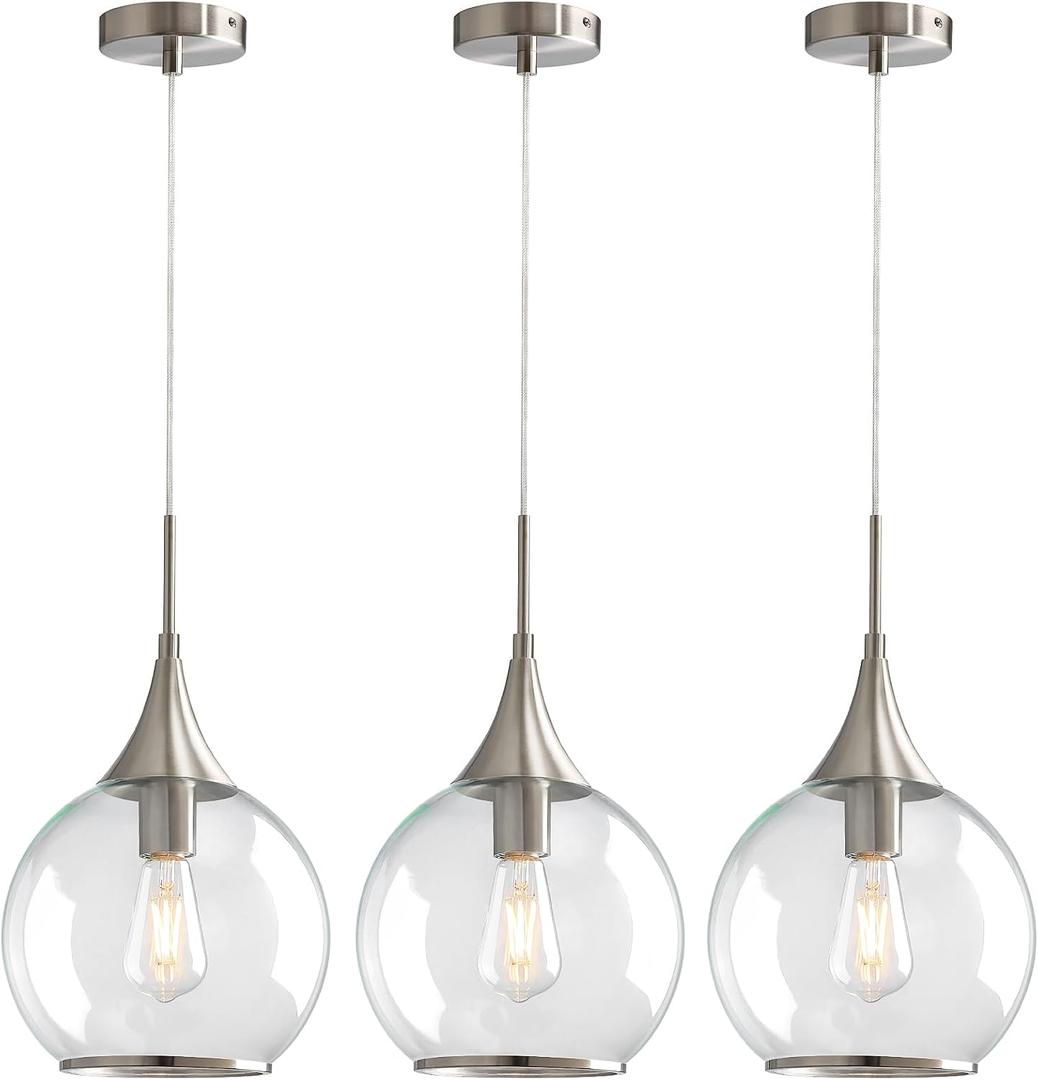 Pendant Lights Kitchen Island: 3 Pack Brushed Nickel Light Fixture Modern with Clear Glass - 10 Inch Mid Century Globe Kitchen Lighting Fixtures Ceiling for Bar