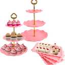 6 Pcs Cupcake Stand Set - Pink Plastic Dessert Table Display Set, 2X Pink Round 3 Tier Cupcake Display Stands Cookie Tray Rack Serving Tower & 4X 14 in Plastic Trays for Wedding Baby Shower Tea Party