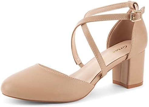 Greatonu Women's Low Block Heeled Dress Pumps Closed Round Toe Cross Strap Wedding Bridal Party Office Shoes 2.5 Inch, Size 9