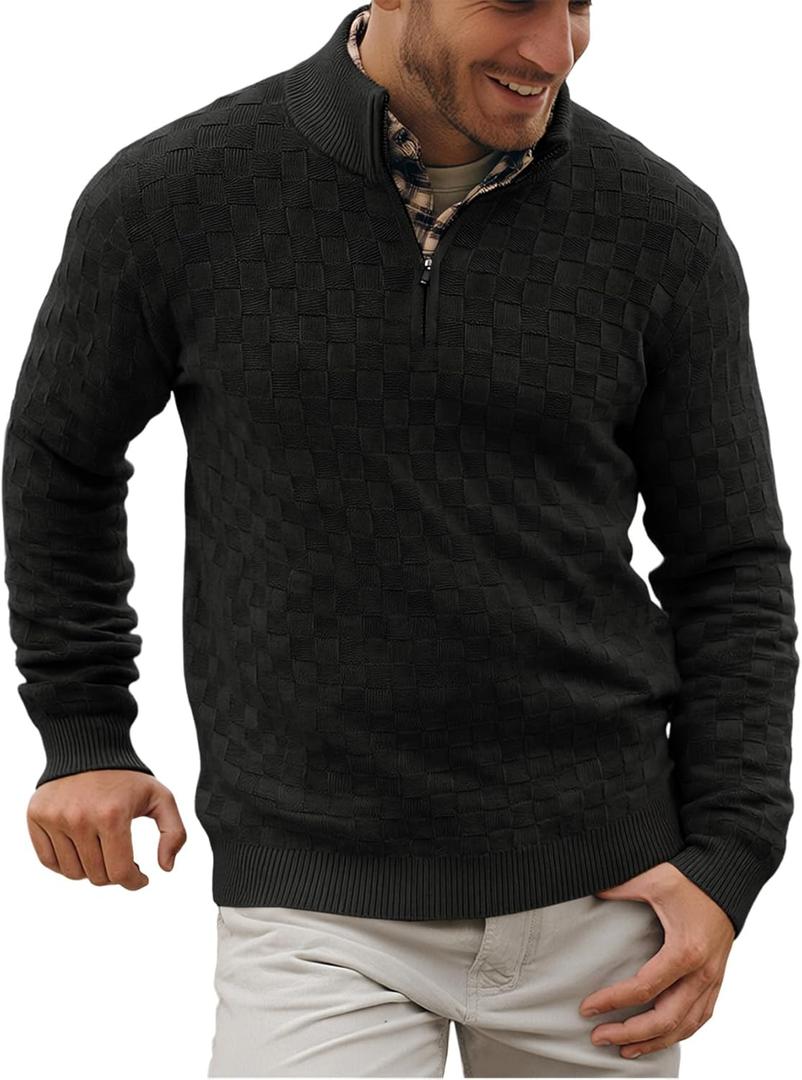 Runcati Mens Quarter Zip Pullover Sweater Casual Mock Neck Slim Fit Checkered Knitted Polo Sweaters (Black, M)