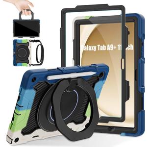 ROISKIN Case for Galaxy Tab A9 Plus 5G/ A9+ 11 Inch with HD Screen Protector & Shoulder Strap,Heavy Duty Military Case for Samsung Galaxy A9 Plus SM-X210/X216/X218 - Rotating Stand for Kids