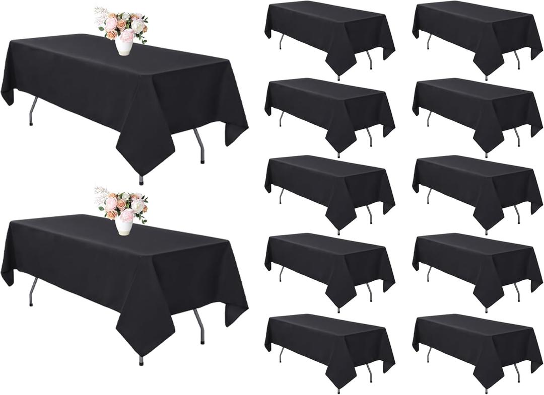 12 Pack Black Tablecloth 60 x 102 Inch Polyester Table Cloth for 6 Foot Rectangle Tables, Wrinkle Resistant Washable Decorative Fabric Table Covers for Wedding Party Banquet Buffet and Camping