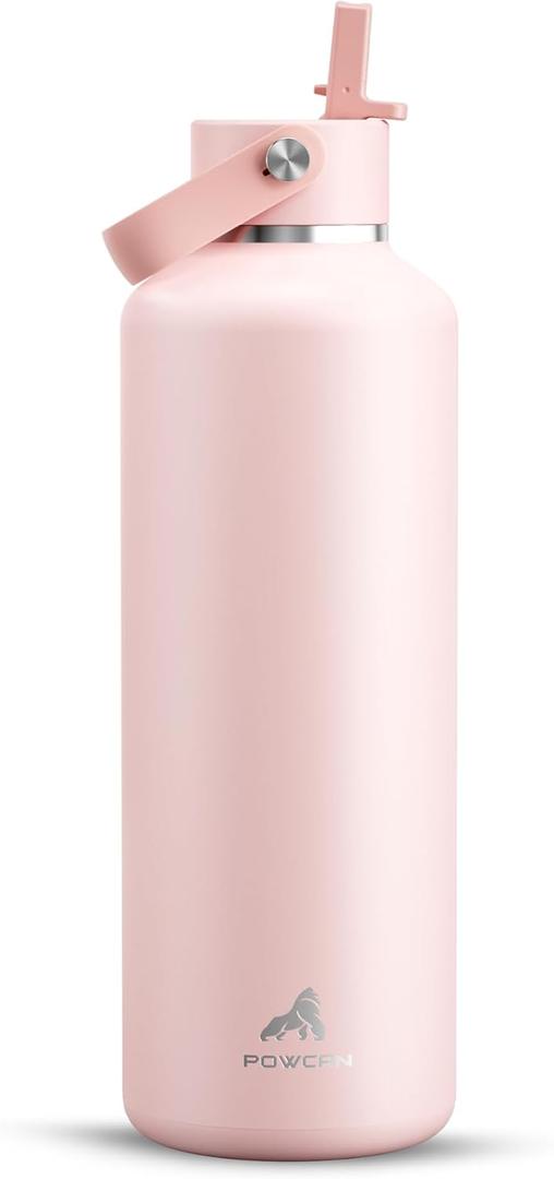 POWCAN 32 oz Insulated Water Bottle: Leakproof, Lid with Flip Straw, Cold for 24H, BPA-Free, Metal Water Bottle with Handle for Travel, Gym, Fitness, Hiking, Birthday Gift for Women (Cotton Candy)