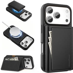 Compatible with Magsafe 2 in 1 Detachable iPhone 17 Pro Wallet Case with Card Holder, Women Men 3 Credit Card Slots Magnetic PU Leather RFID Blocking Flip Kickstand, for Apple 17 Pro, Black
