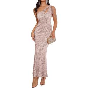 Elegant Sequin Dresses for Wedding Guest One Shoulder Dress for Women with Bead Maxi Formal Gowns, M