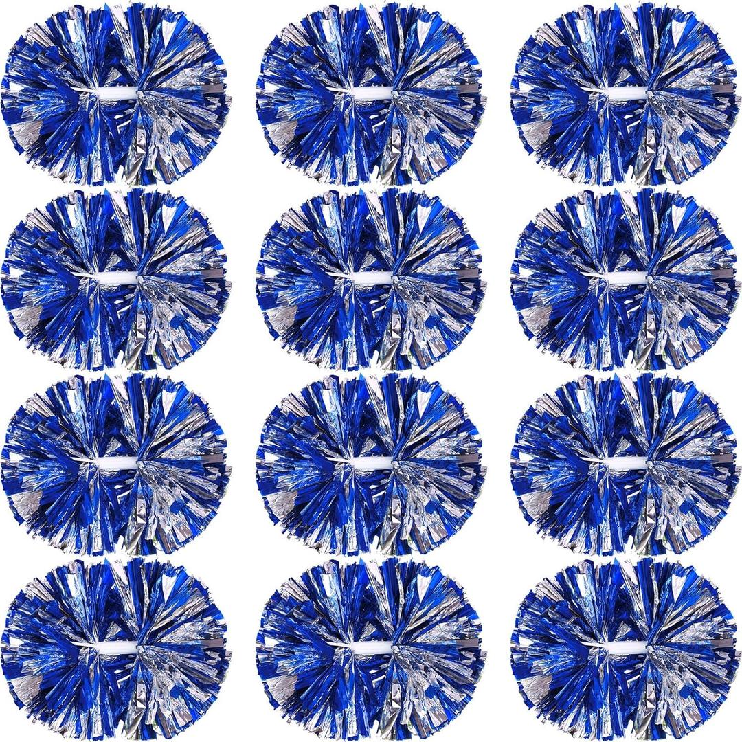 Hoteam Cheerleading Pom Poms Cheer Pompoms with Baton Handle Metallic Foil Pompoms for Adult for Team Sports Party Dance Cheering Squad Accessories, 14 Inch (Blue, Silver)