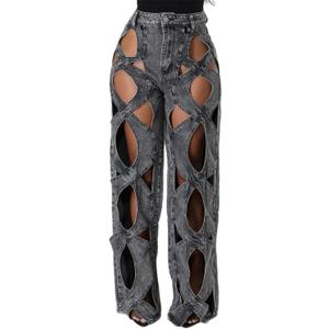 Womens High Waisted Jeans Y2K Trendy Hollow Out Criss Cross Wide Straight Leg Baggy Denim Pants (Medium, 3-black)