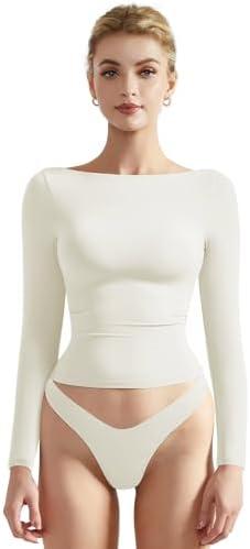 SUUKSESS Women Crew Neck Long Sleeve T Shirts Double Lined Tight Fitted Crop Top, Medium