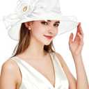 Women Derby Fascinator Hat Organza Church Wedding Hats Wide Brim Cocktail Tea Party Hat (White, S)