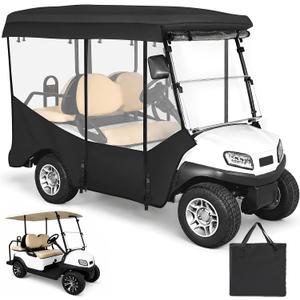 Golf Cart Enclosure 4 Passenger, Applicable EZGO TXT RXV and Fit Club Car Onward Tempo, 600D Waterproof Transparent Rain Cover, Black Roll-up Door, Transparent Windows On All Four Sides