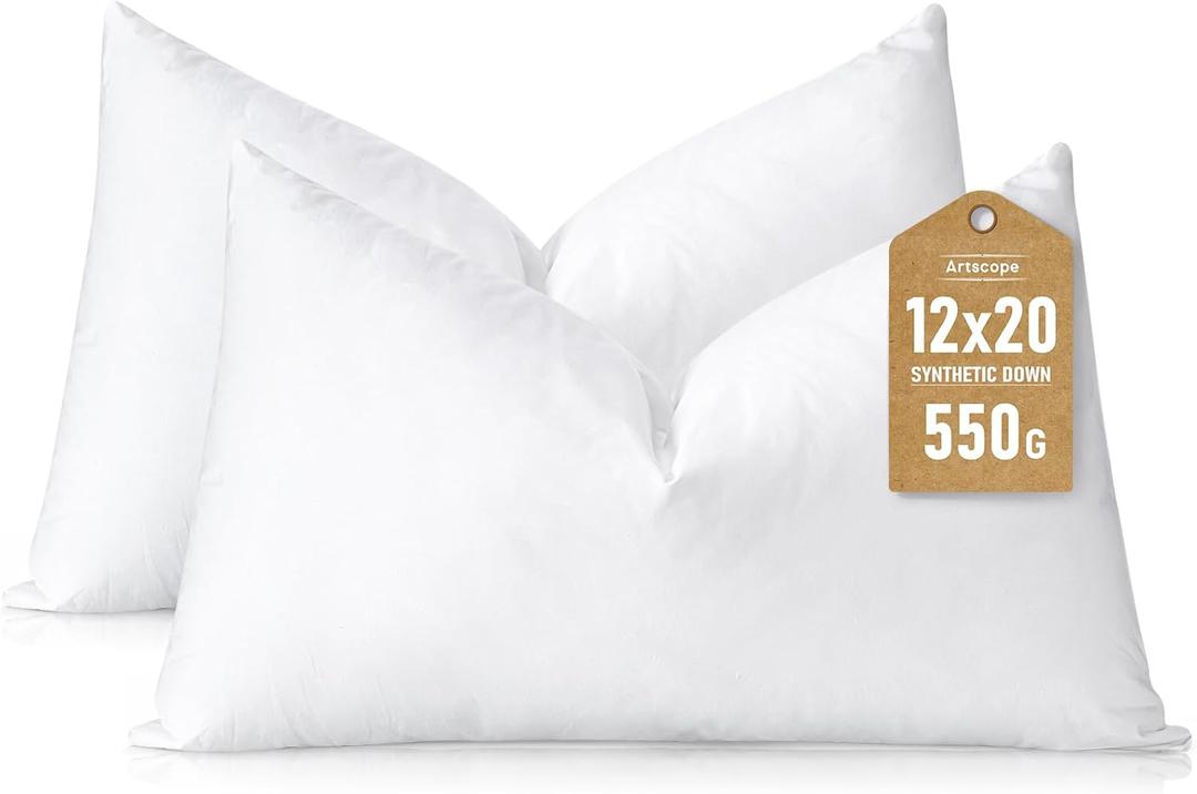 Artscope Synthetic Down Lumbar Pillow Insert, 12x20 Down Alternative Throw Pillow Insert. Ultra Soft Fluffy Sleeping Pillow with 100% Cotton Cover, Decorative Pillows Set of 2-White.