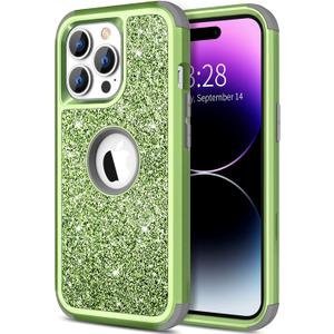 Hython for iPhone 14 Pro Max Case, Heavy Duty Full-Body Defender Protective Phone Cases Glitter Bling Sparkle Hard Shell Hybrid Shockproof/Drop Proof 3-Layer Military Rubber Bumper Cover Women, Green